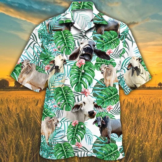 Hawaiian shirt for men/ Brahman Cattle Lovers Tropical Plant Hawaiian Shirt/ Cow Hawaiian shirt