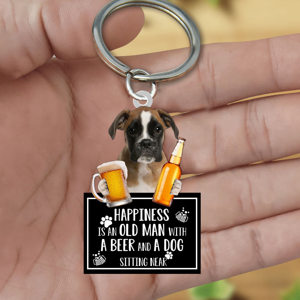Brown Boxer  Happiness Is An Old Man With A Beer And A Dog Sitting Near Acrylic Keychain