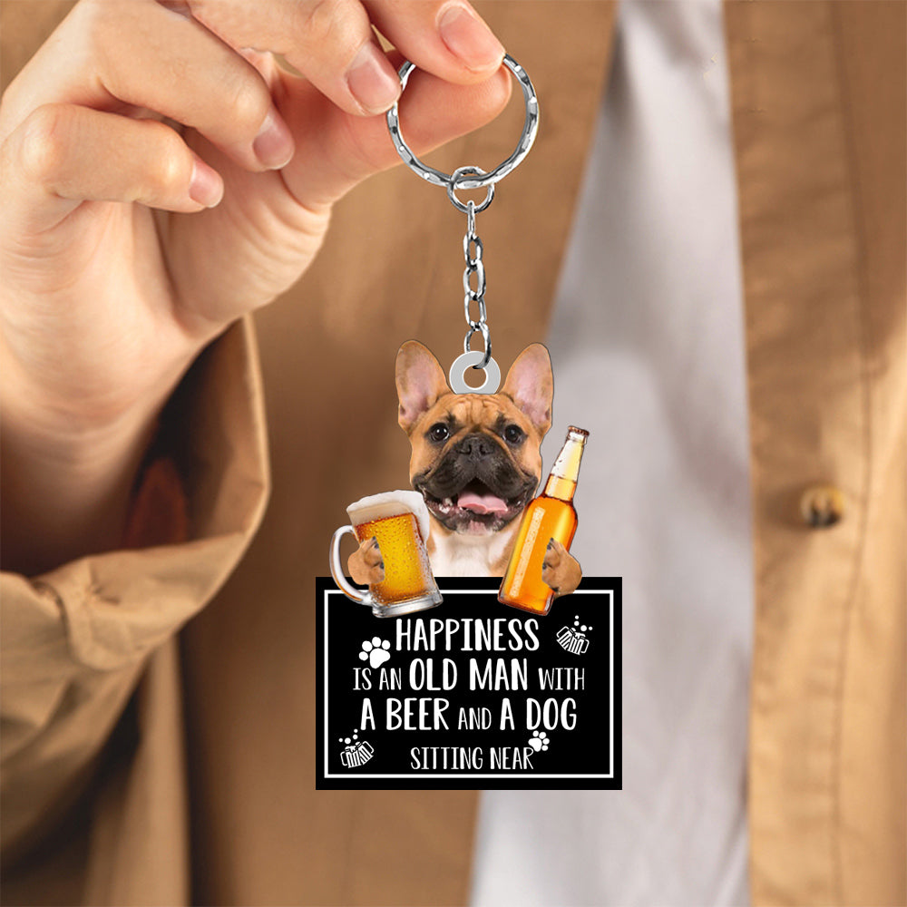 Brown French Bulldog  Happiness Is An Old Man With A Beer And A Dog Sitting Near Acrylic Keychain