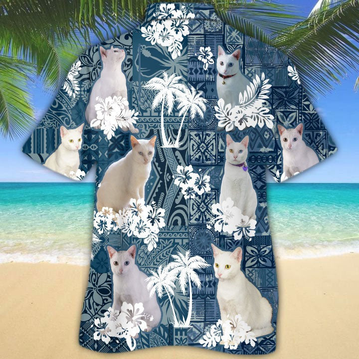Khao Manee Hawaiian Shirt For Man And Woman/ White Cat Hawaii Beach Shirts/ 3D Hawaiian Shirt Cat