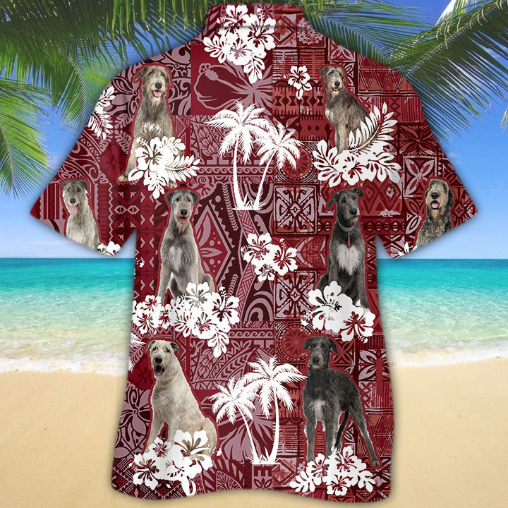 Irish Wolfhound Hawaiian Shirt/ Dog Hawaiian Shirt Short Sleeve Red Tribal Pattern