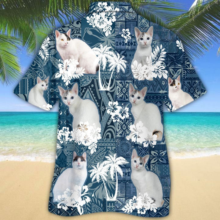 Japanese Bobtail Hawaiian Shirt/ 3D Full Printed White Cat Hawaiian Shirt/ Summer Aloha Beach Shirts