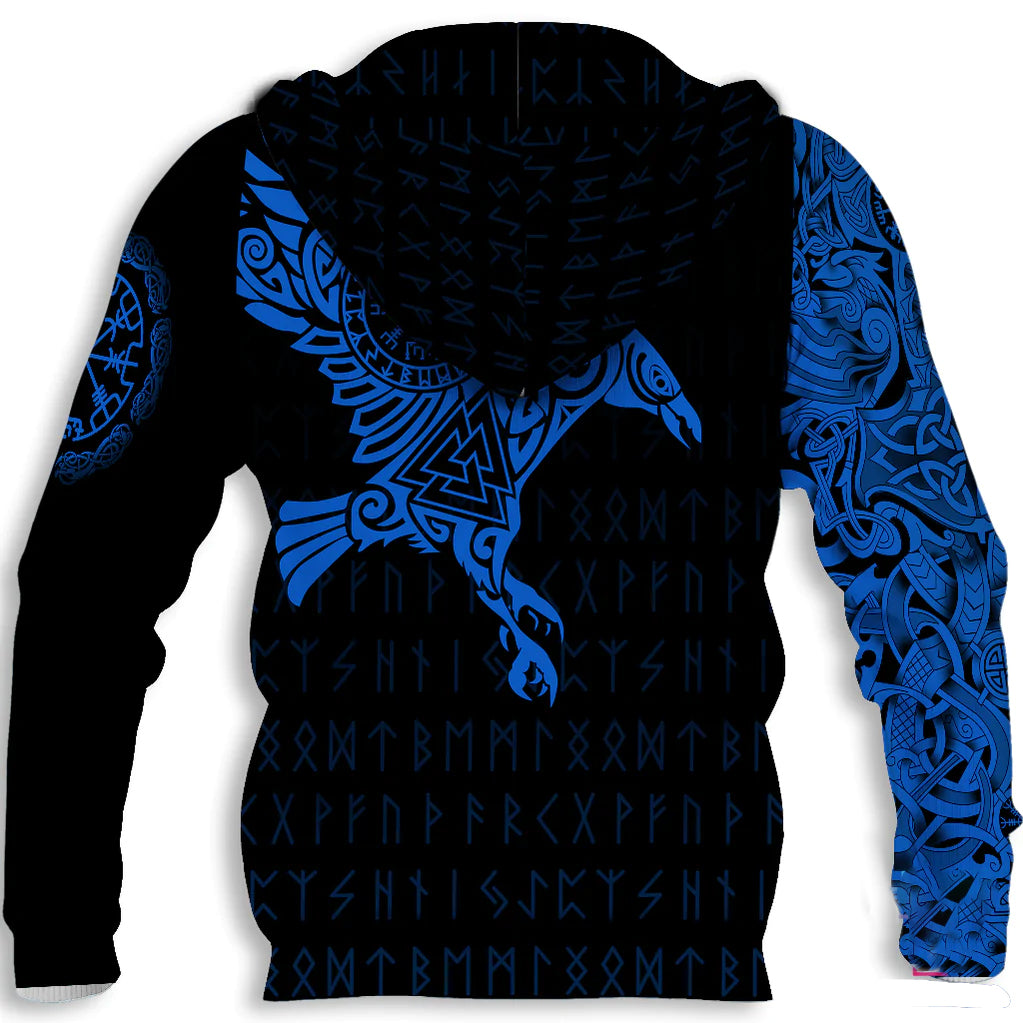 The Raven Of Odin Tattoo Blue Viking Pullover Hoodie/ Viking Hoodie For Adult/ Hoodie Viking