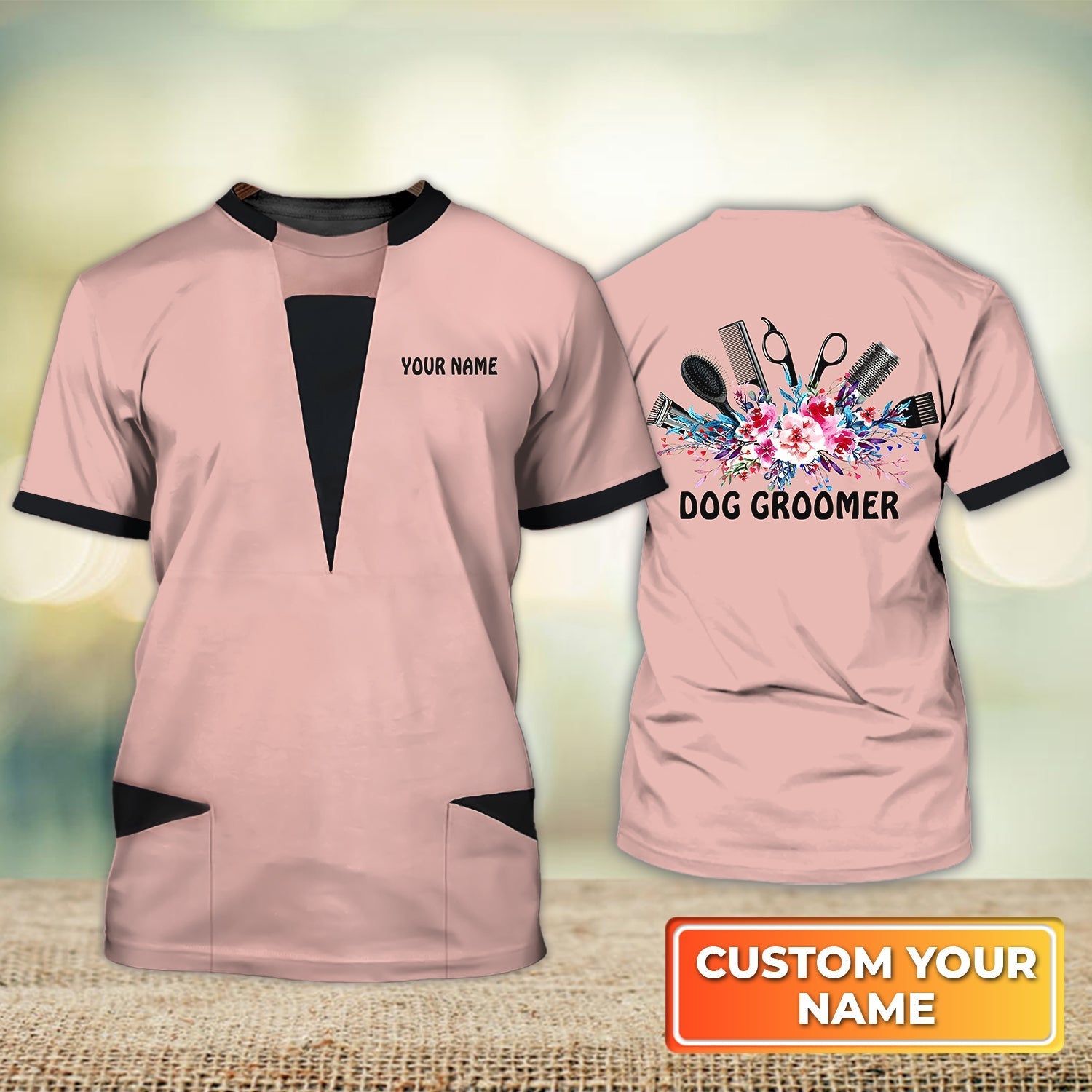 Customized Groomer Shirt Men Women Dog Groomer Pet Groomer Uniform Pink And Black Salon