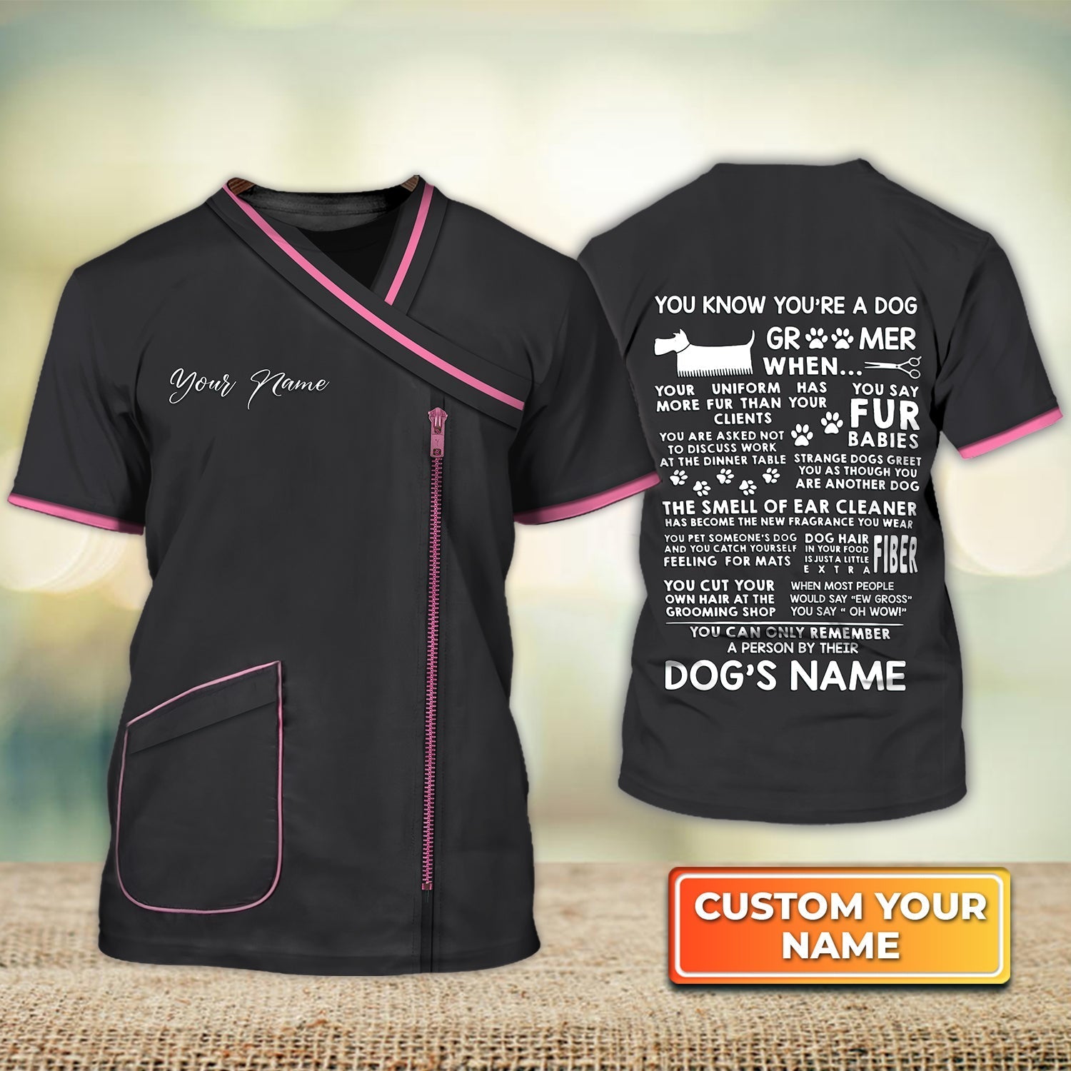 Personalized Name 3D Tshirt For Groomer Pet Groomer Uniform Black And Pink Salon Pet