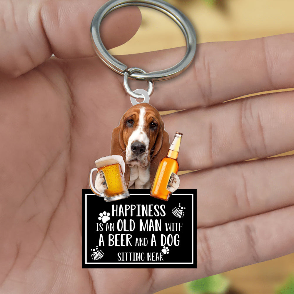 Basset Hound Happiness Is An Old Man With A Beer And A Dog Sitting Near Acrylic Keychain