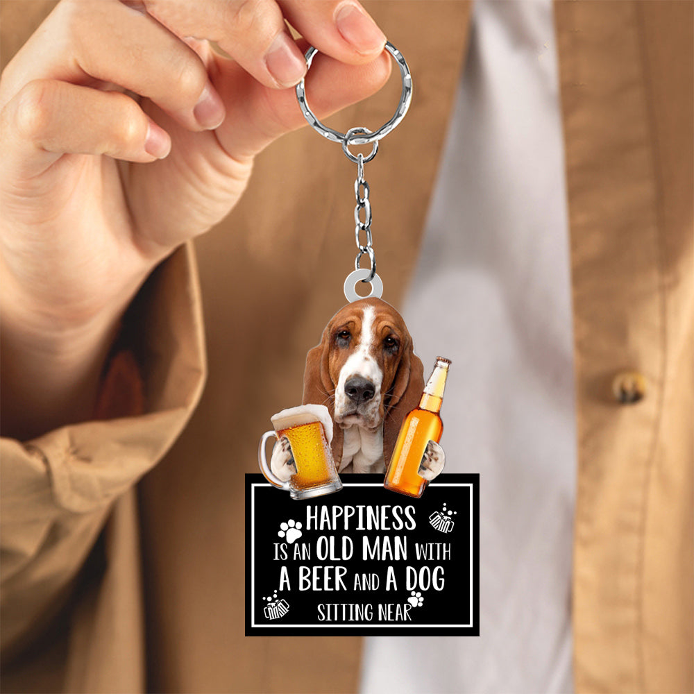 Basset Hound Happiness Is An Old Man With A Beer And A Dog Sitting Near Acrylic Keychain