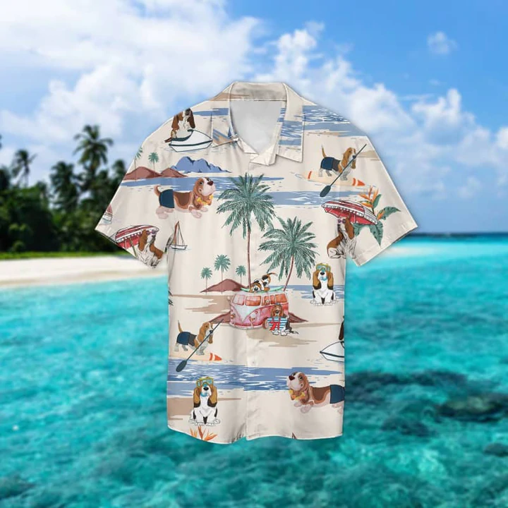 Basset Hound Summer Beach Hawaiian Shirt/ Hawaiian Shirts for Men Short Sleeve Aloha Beach Shirt