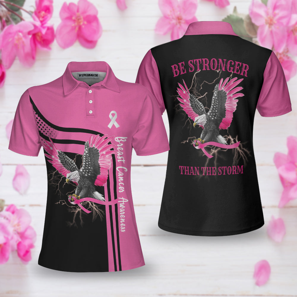Be Stronger Than The Storm Breast Cancer Awareness Short Sleeve Women Polo Shirt/ Eagle Awareness Ribbon Polo Shirt For Ladies Coolspod