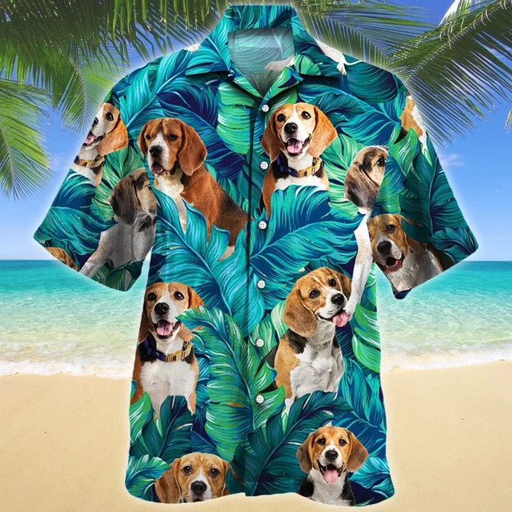 Beagle Dog Lovers Gift Summer Beach Palm Tree Pattern Hawaiian Shirt/ Short Sleeve Hawaiian shirt for men