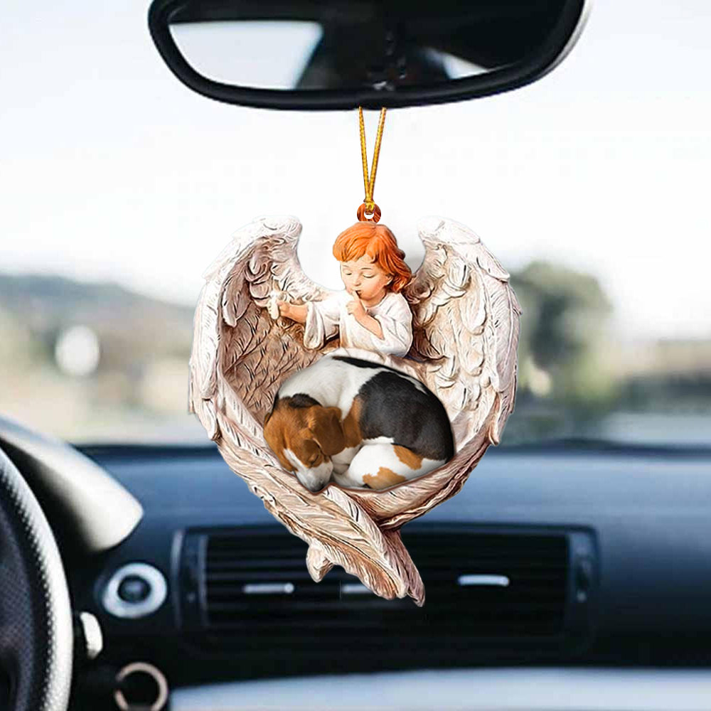 Sleeping Beagle Protected By Angel Car Hanging Ornament