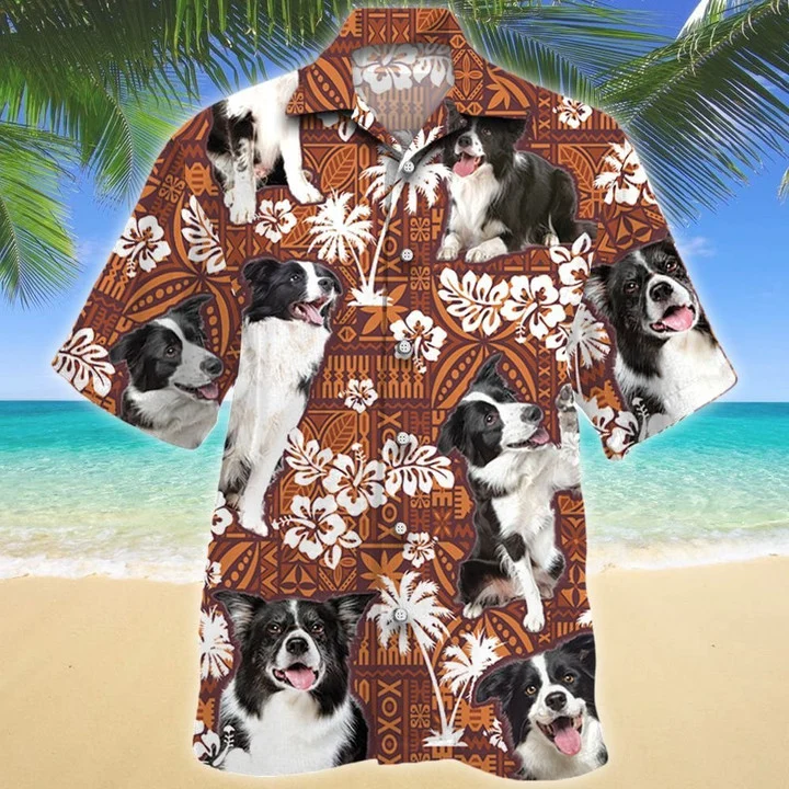 Beautiful Border Collie Dog Red Tribal Pattern Hawaiian Shirt/ Border Collie Hawaiian Shirt Short Sleeve For Summer Trip Family