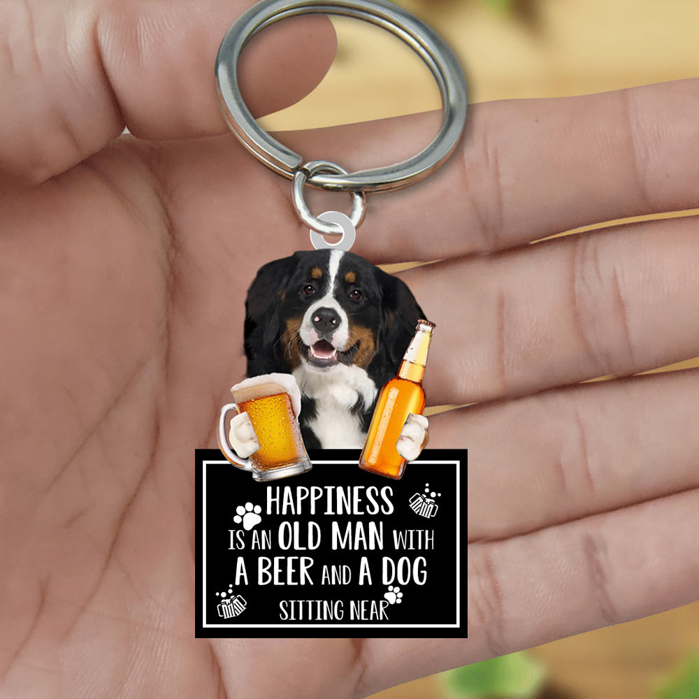 Bernese Mountain Happiness Is An Old Man With A Beer And A Dog Sitting Near Acrylic Keychain