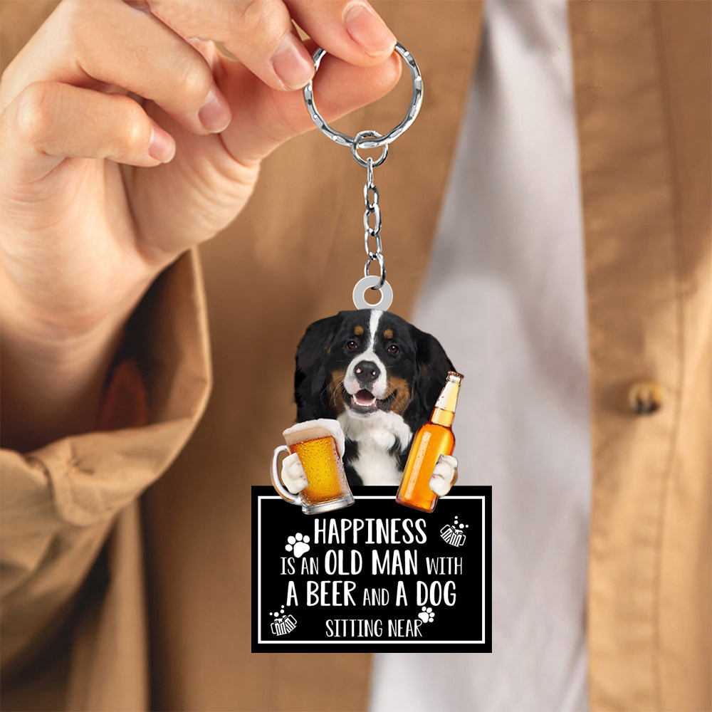 Bernese Mountain Happiness Is An Old Man With A Beer And A Dog Sitting Near Acrylic Keychain