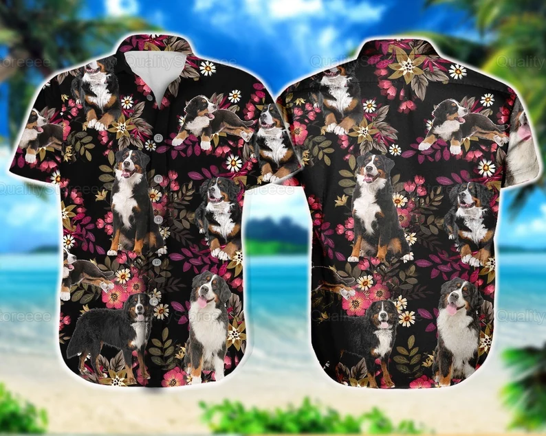 Bernese Mountain Hawaiian Shirt/ Bernese Mountain Tropical Hawaiian Shirt/ Bernese Mountain Dog Shirt
