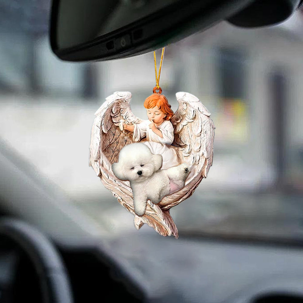 Sleeping Bichon Frise Protected By Angel Car Hanging Ornament