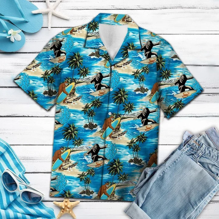 Bigfoot Surfing On Blue Beach Hawaiian Shirt