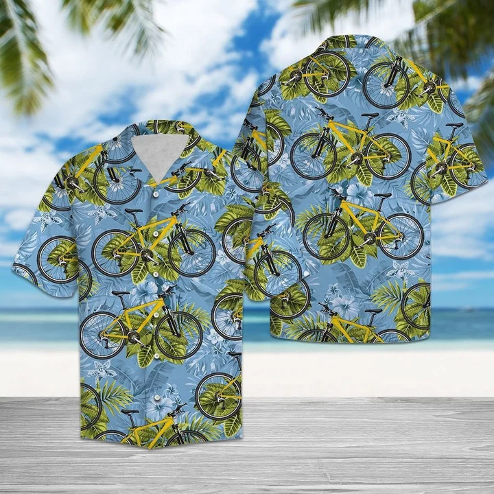 Biking Tropical Leaves On Bike Blue Themed Hawaiian Shirt