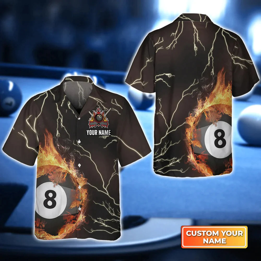 Billiard 8 Ball Thunder Fire Flame 3D Hawaiian Shirt/ billiard Sport shirt/ Gift For Billiard Players