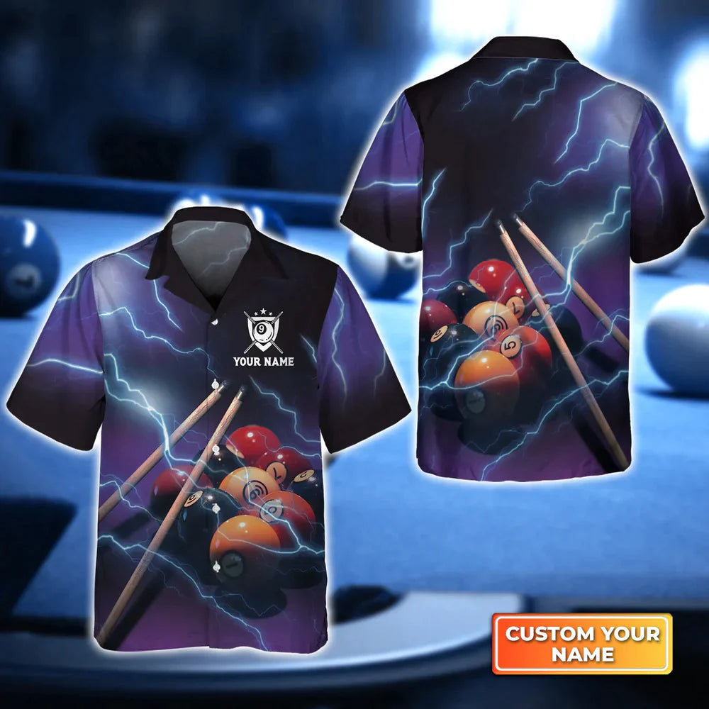 Billiard 9 Ball Thunder Lightning Personalized Name 3D Hawaiian Shirt/ Billiard team shirt/ Summer Shirt Gift for Billiard Lover