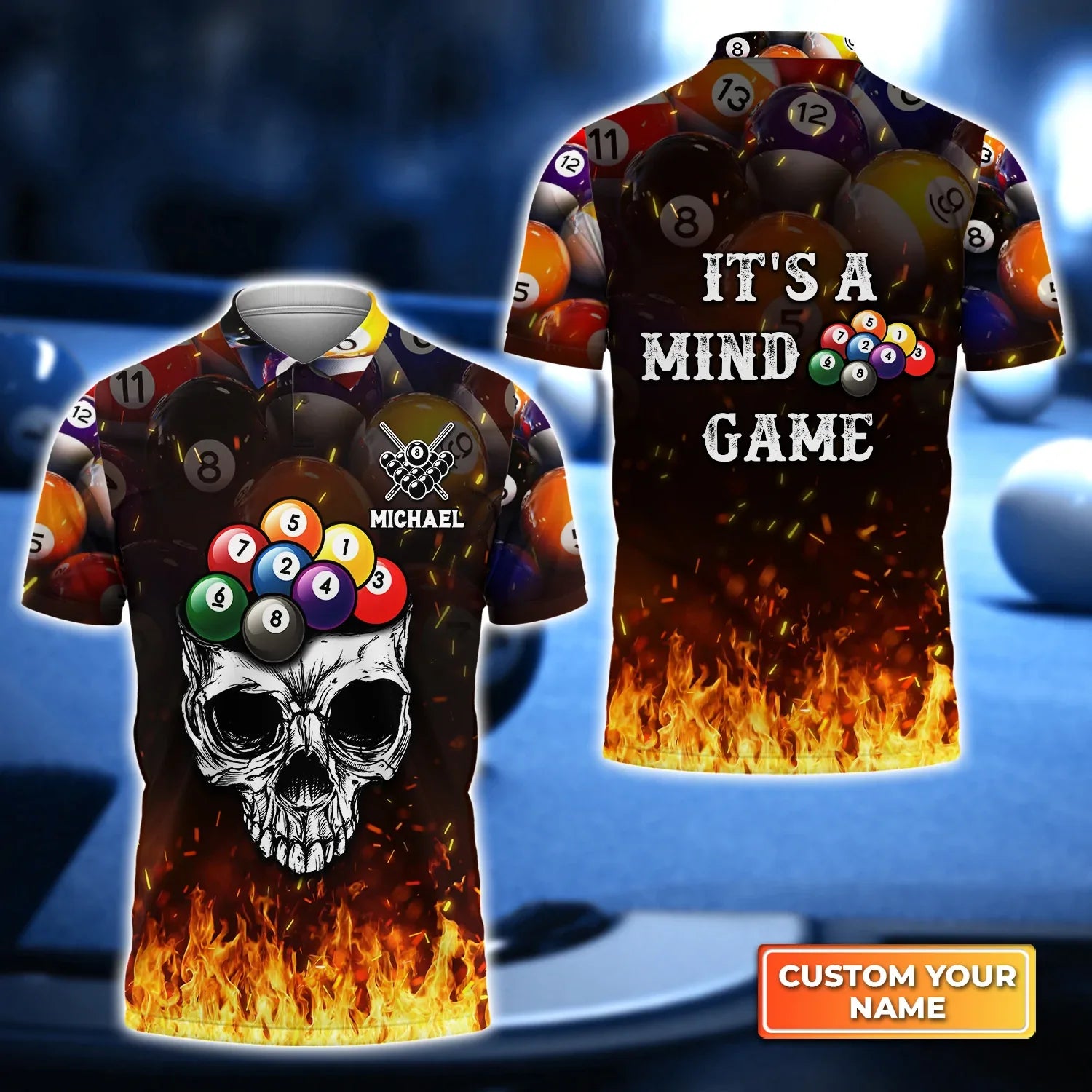 8 Ball Billiard On Fire Personalized Name 3D Polo Shirt/ Gift For Billiard Players