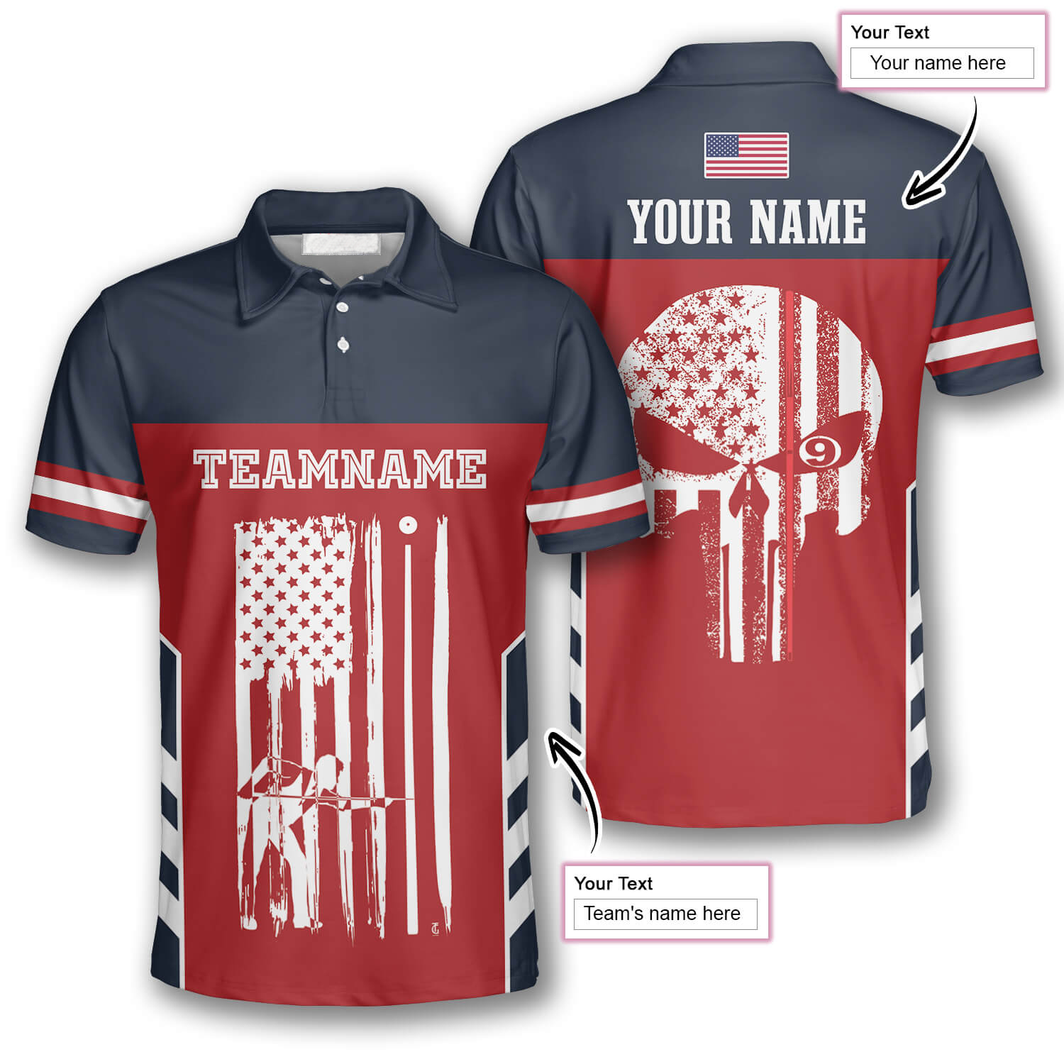 Personalized 9 Ball Skull Flag Navy Red Custom Billiard Polo Shirts/ Flag Shirt/ Billiard Shirt