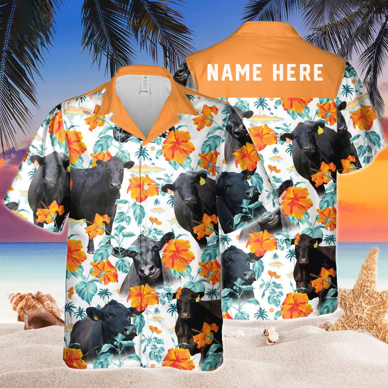 Custom Name Black Angus Hibiscus Flowers All 3D Printed Hawaiian Shirt