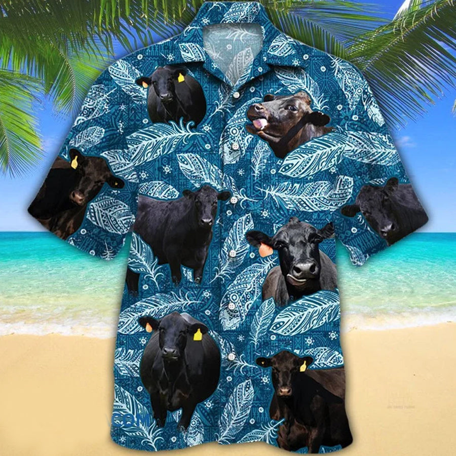 Black Angus Cattle Lovers Blue Feather Hawaii Hawaiian Shirt