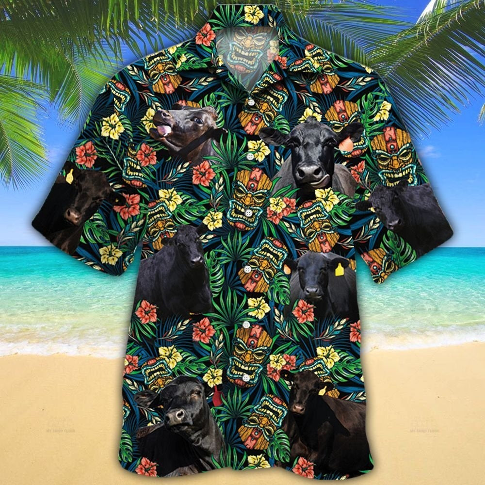 Black Angus Cattle Lovers Tribal Tiki Mask Hawaiian Shirt