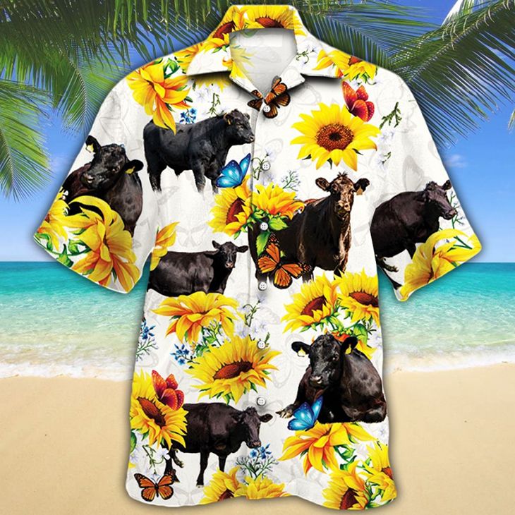Black Angus Cattle Sunflower Hawaiian Shirt/ Cow hawaiian shirt for men/ Women