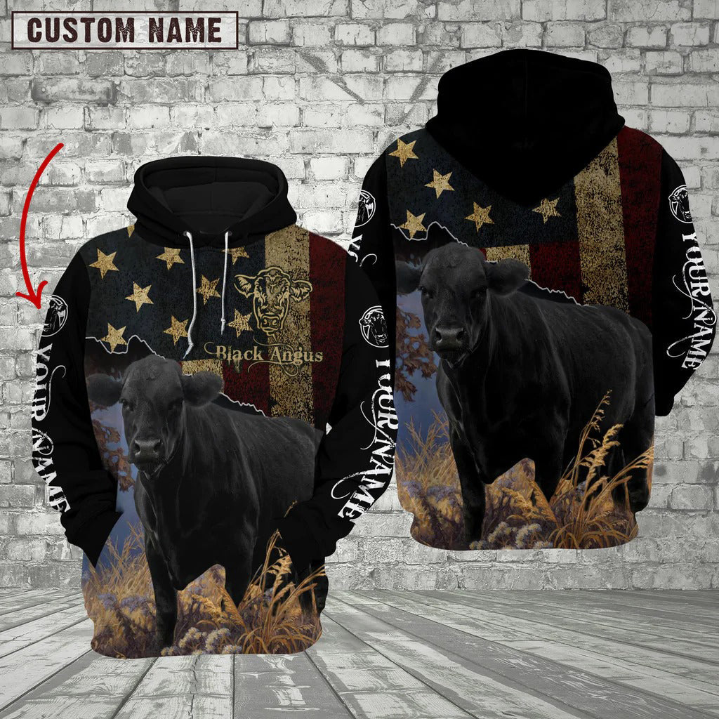 Personalized Name Black Angus Cattle US Flag All Over Printed 3D Hoodie