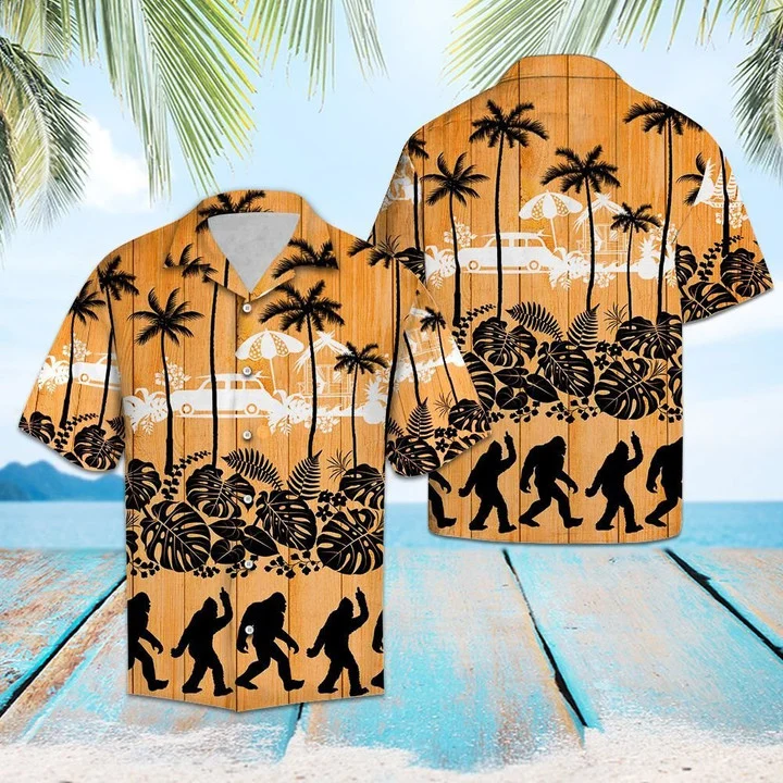 Black Bigfoot And Palm Tree Summer Time Pattern Hawaiian Shirt