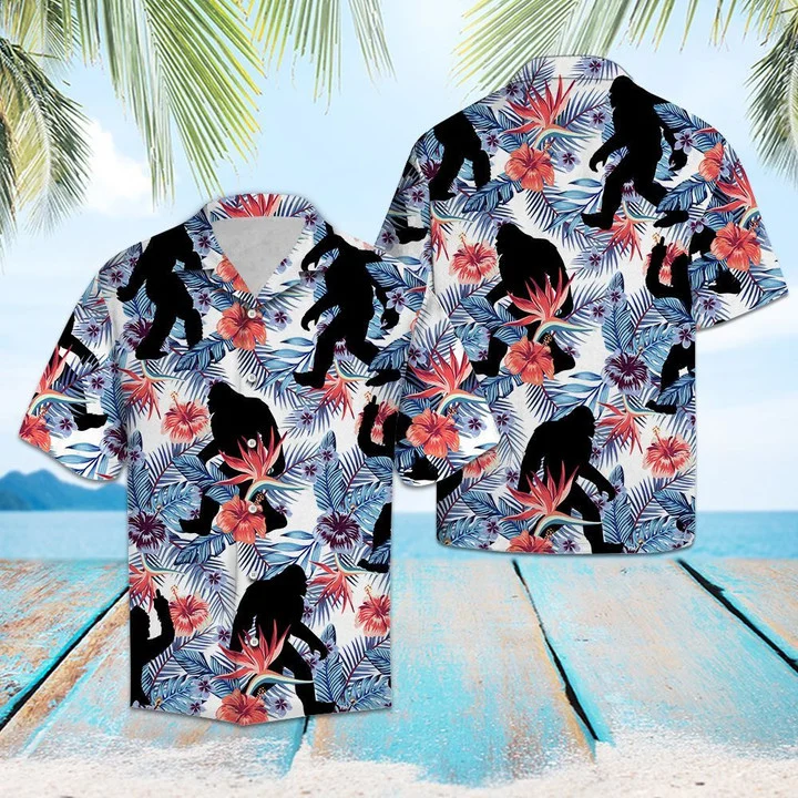 Black Bigfoot Tropical Palm Tree Leaves Summer Vacation Aloha Hawaiian Shirt