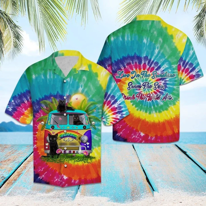 Black Cat Live In The Sunshine Hippie Van Tie Dye Themed Hawaiian Shirt