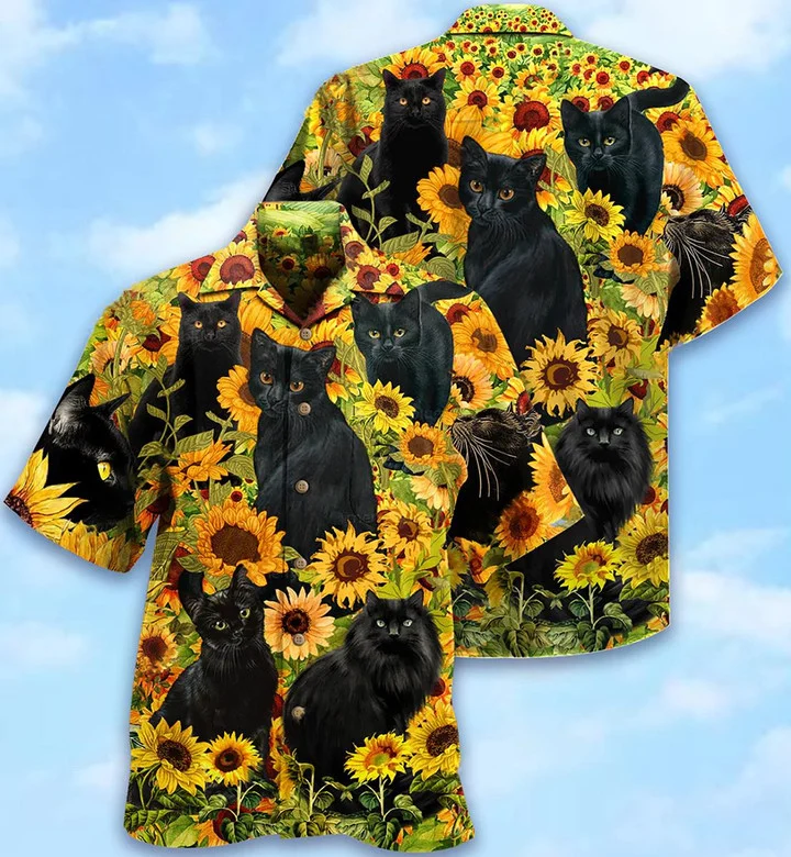 Black Cat Love Sunflower 3D All Over Printed Hawaiian Shirt