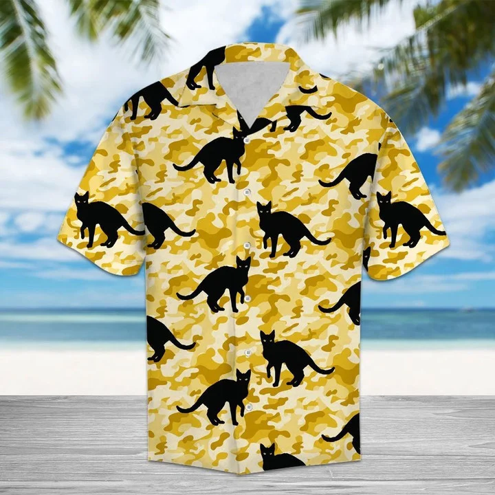 Black Cat Mix Waxen Camo Hawaiian Shirt/ black cat aloha hawaii shirt for men/ women