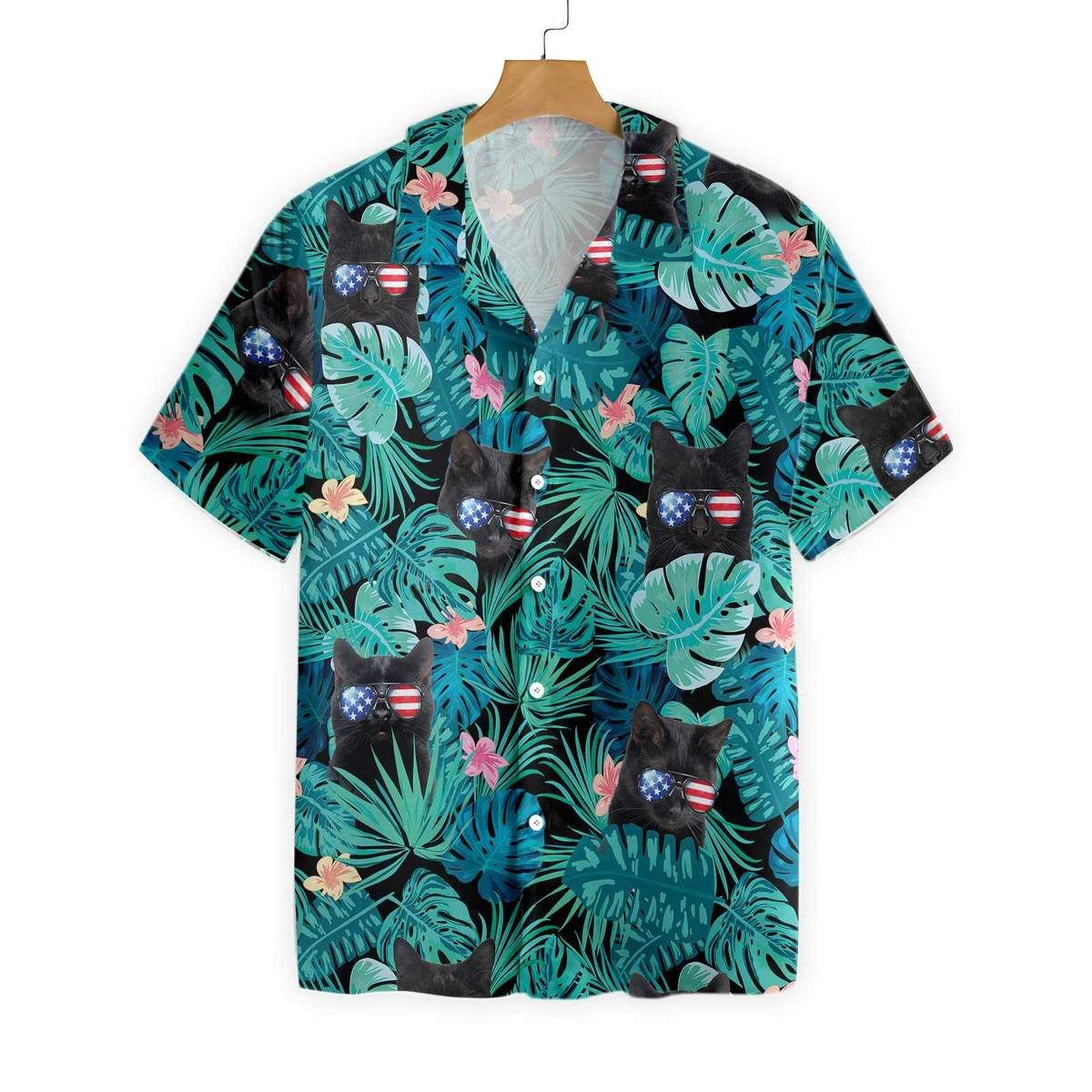 Black Cat Tropical 4th Of July Hawaiian Shirt/ Tropical Flower Hawaiian Shirt/ Summer Vacation