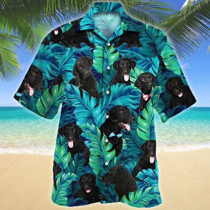 Black Curly Coated Retriever Dog Lovers Summer Beach Palm Tree Pattern Hawaiian Shirt