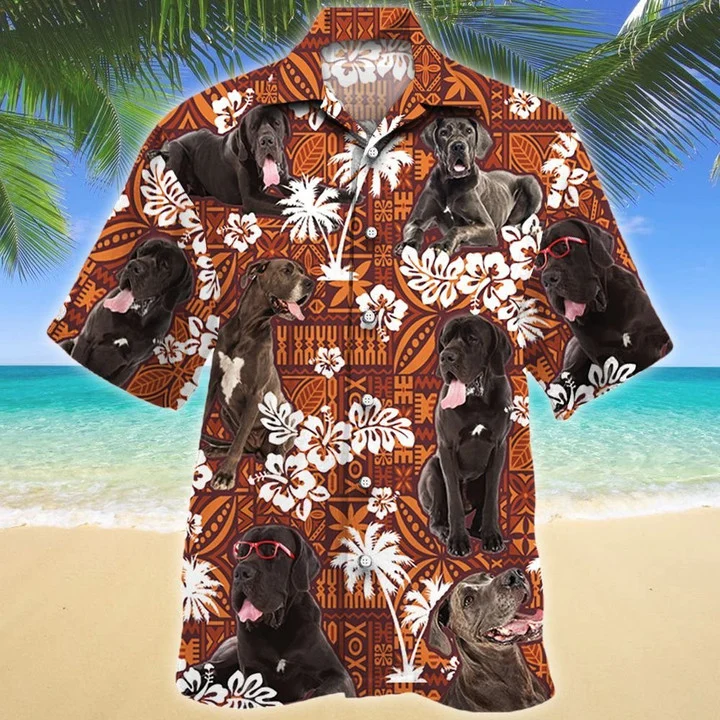 Black Great Dane Dog Lovers On Red Tribal Pattern Hawaiian Shirt