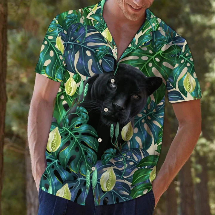 Black Panther Among Monstera Leaves Hawaiian Shirt