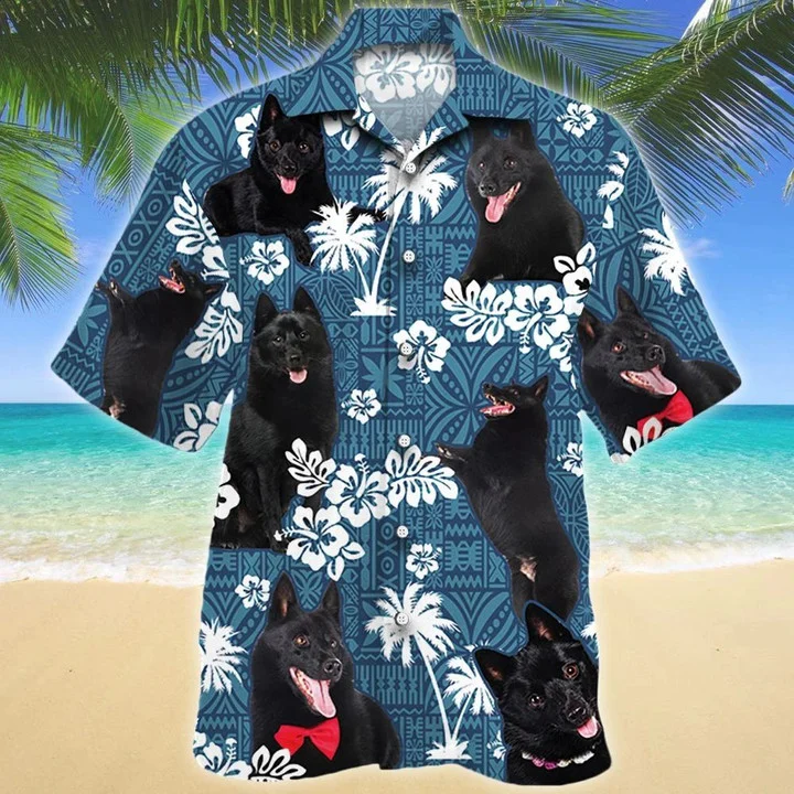 Black Schipperke Dog And Hibiscus On Blue Tribal Pattern Hawaiian Shirt