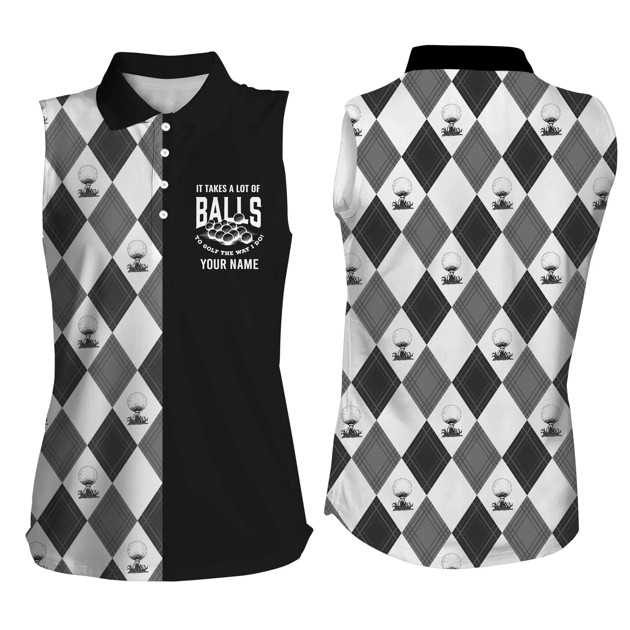 Black White pattern Women Golf sleeveless polo shirt/ custom It takes a lot of balls to golf the way