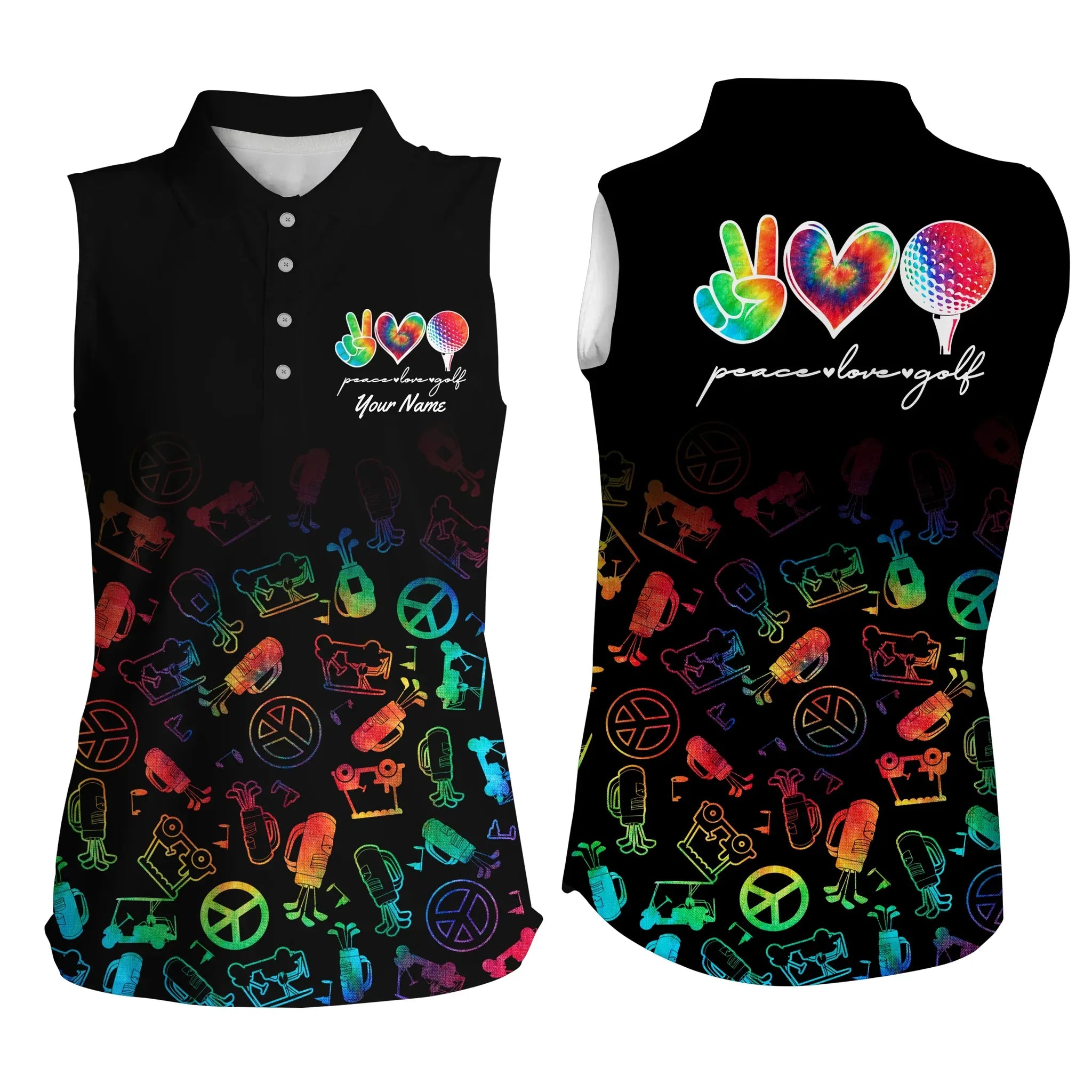 Black Women sleeveless polo shirt/ custom watercolor peace love golf/ personalized golf shirt for women
