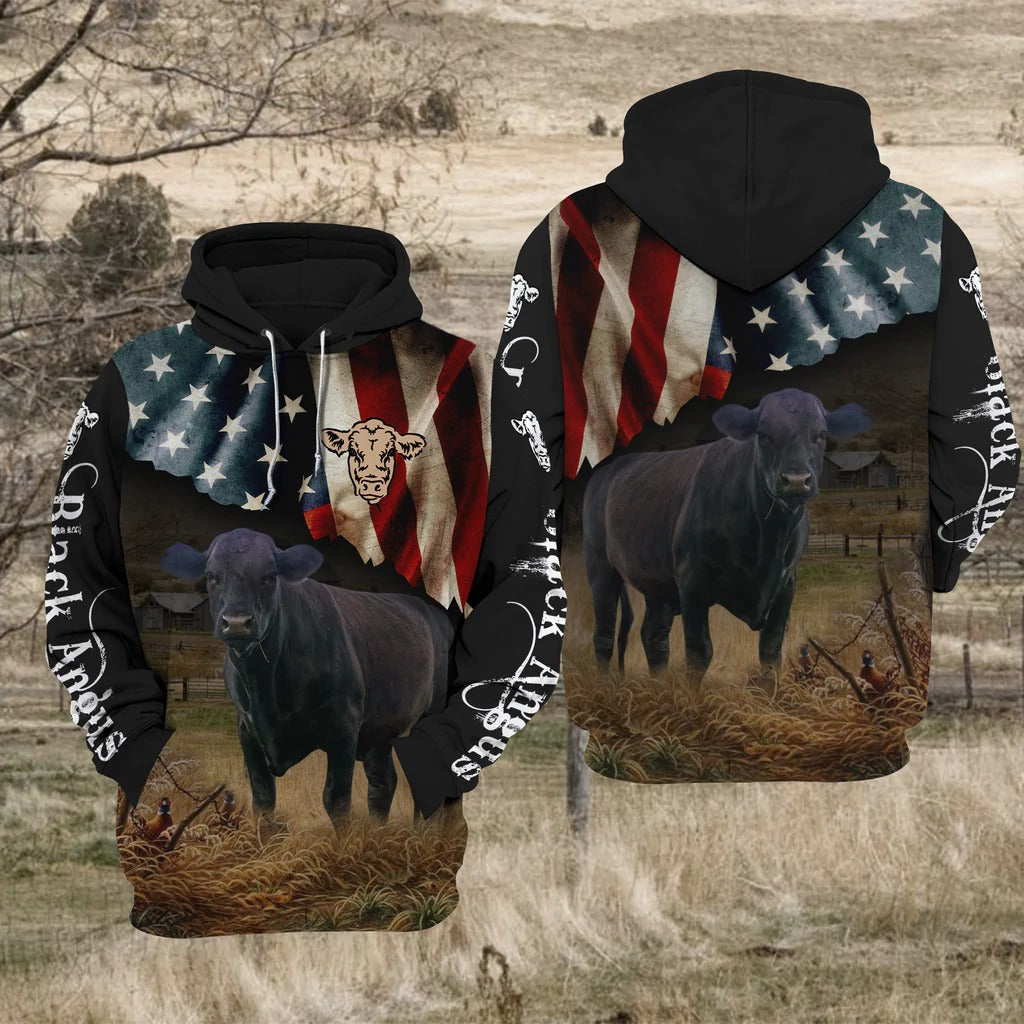 Black Angus Cattle US Flag All Over Printed 3D Hoodie Cow Zip Hoodie For Adult