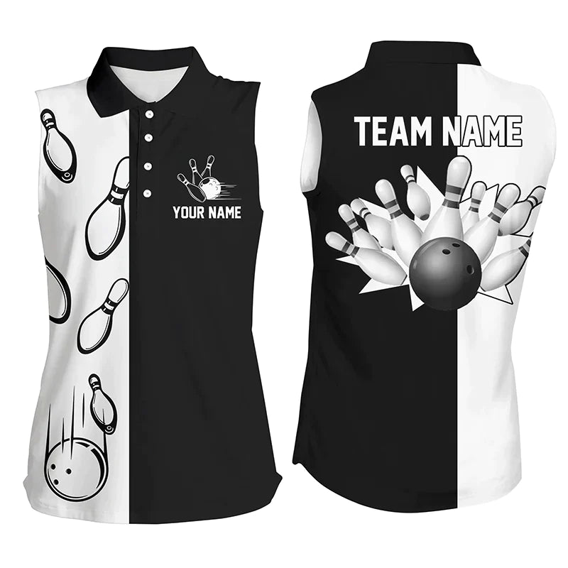 Black and white retro vintage Bowling sleeveless polo shirts for women custom Bowling team jerseys