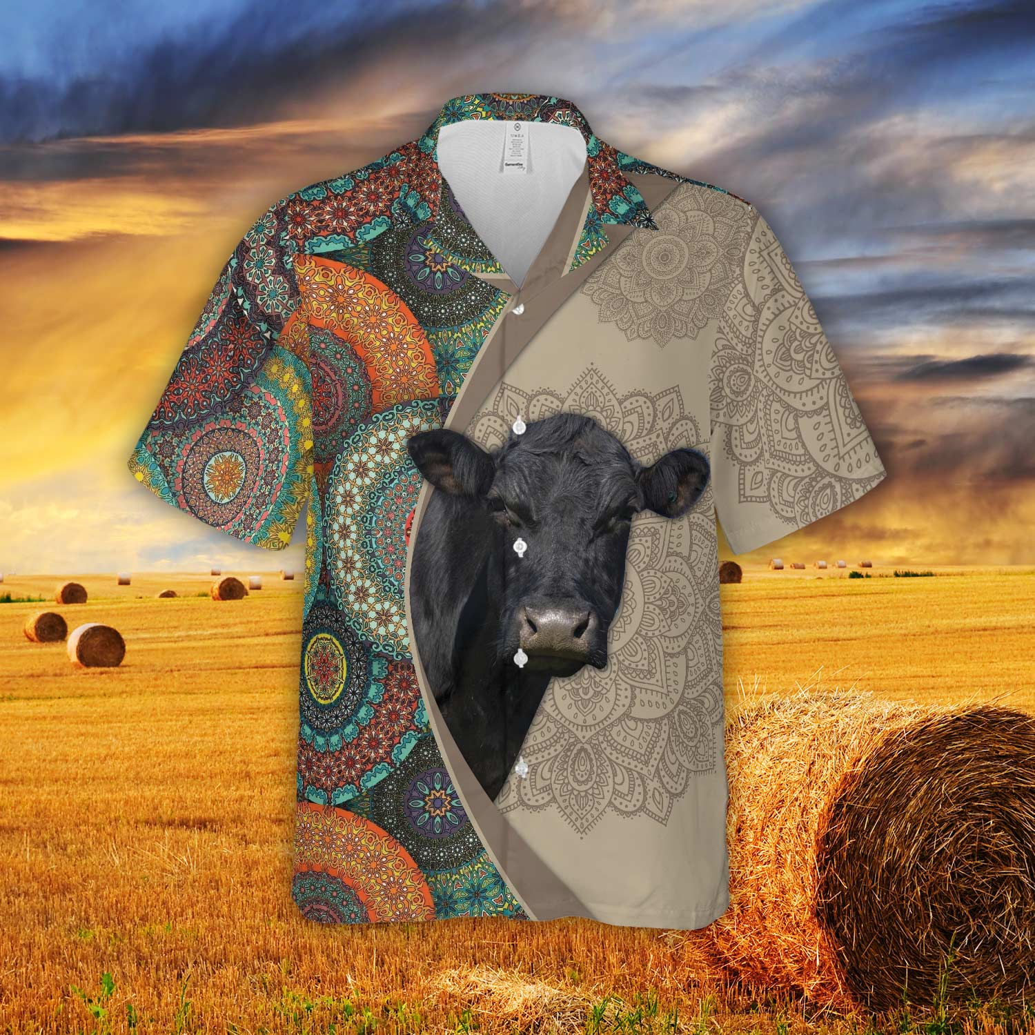 Mandala Pattern Black Angus Hawaiian Shirt Gift For Farmer