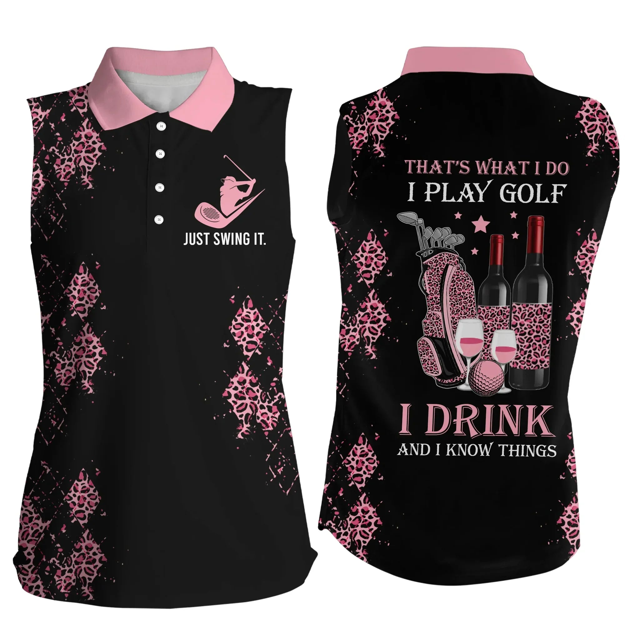Black pink leopard Womens sleeveless polo shirt/ funny golf wine That''s what I do/ I play golf I drink