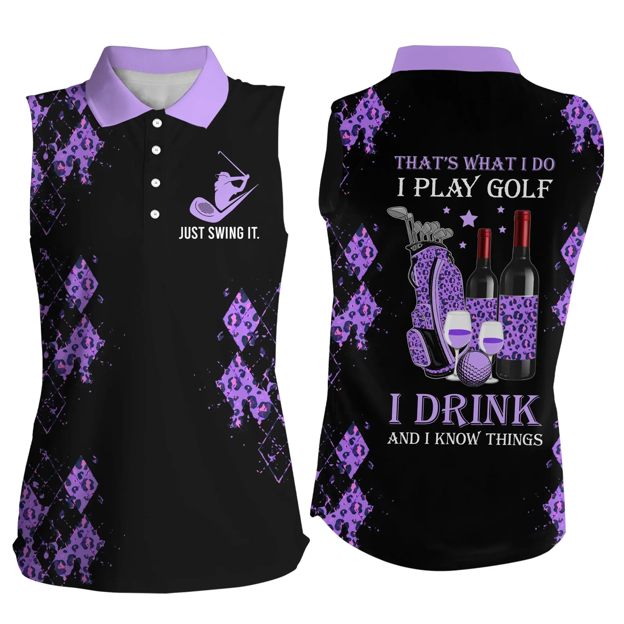 Black purple leopard Women sleeveless polo shirt funny golf wine That''s what I do/ I play golf drink