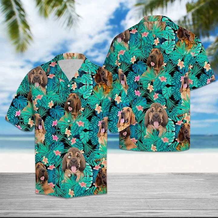 Bloodhound Among Hibiscus Flowers And Leaves Hawaiian Shirt