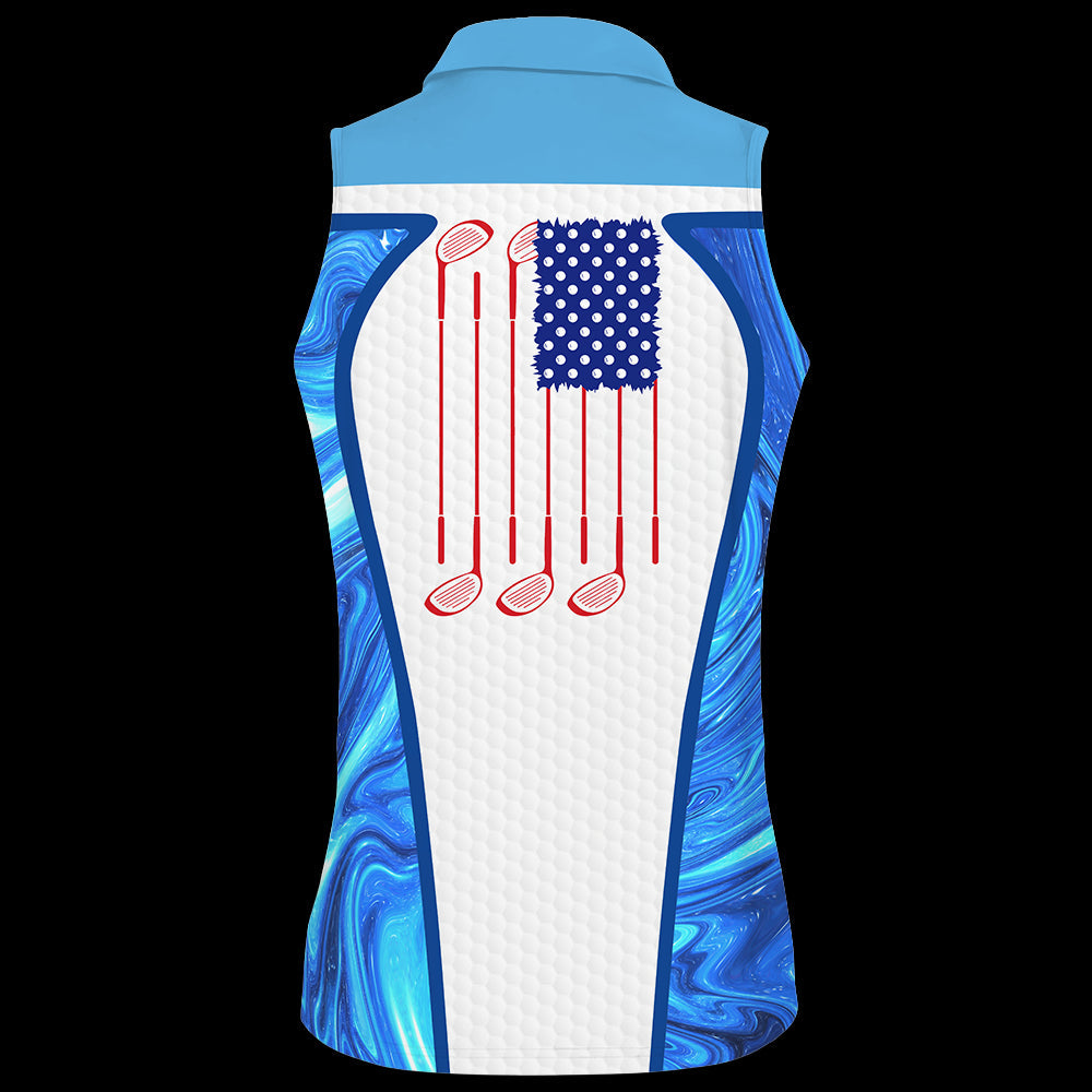 Blue Marble Flag American Sleeveless & Zipper Polo Shirt For Woman